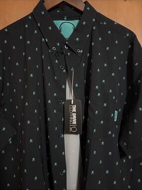 Men's Black Button-Down Shirt with Teal Skull Print